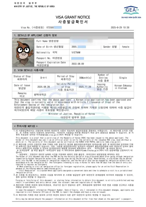 Visa grant notice (D-4-1), Ministry of Justice, 2025