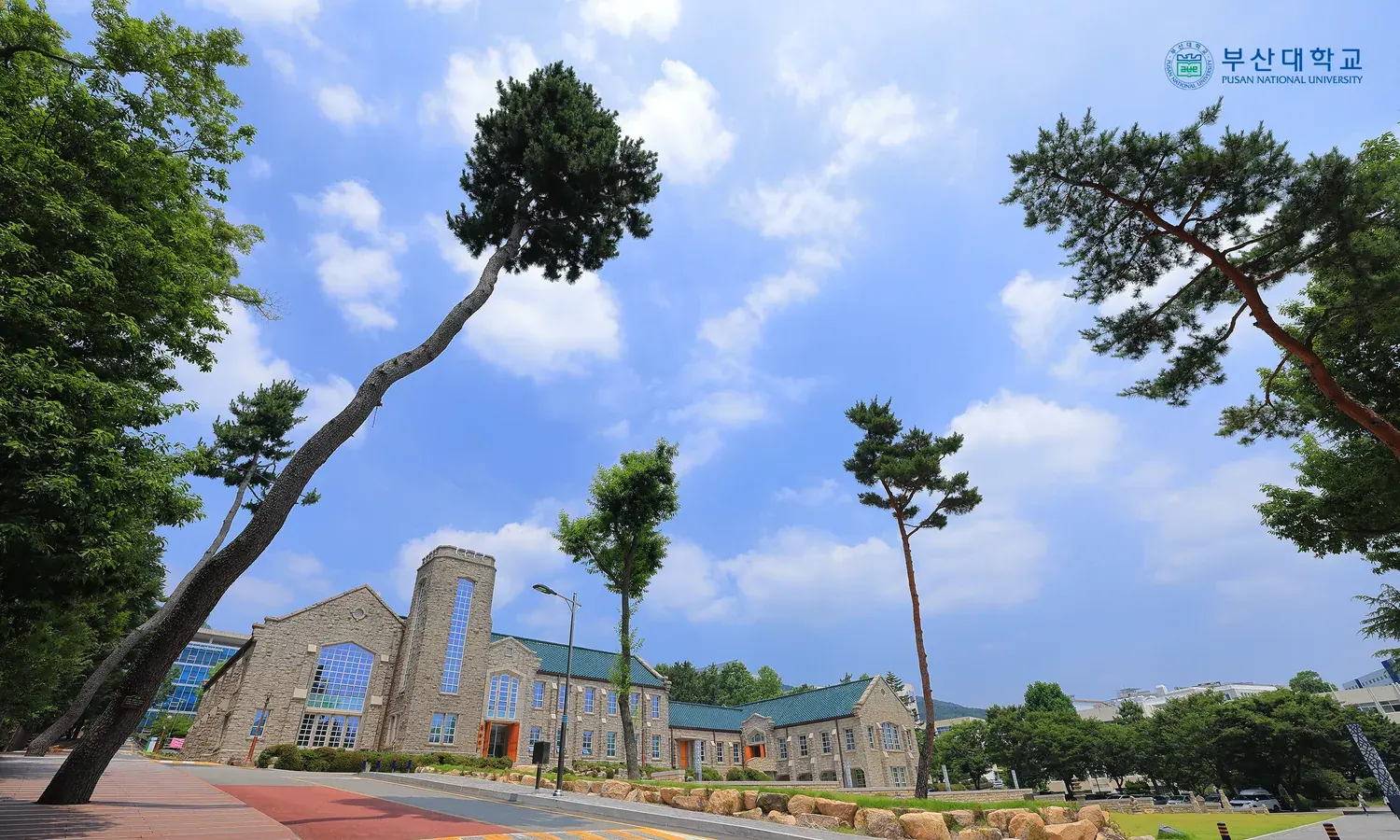 Stone campus building and pine trees at Pusan National University
